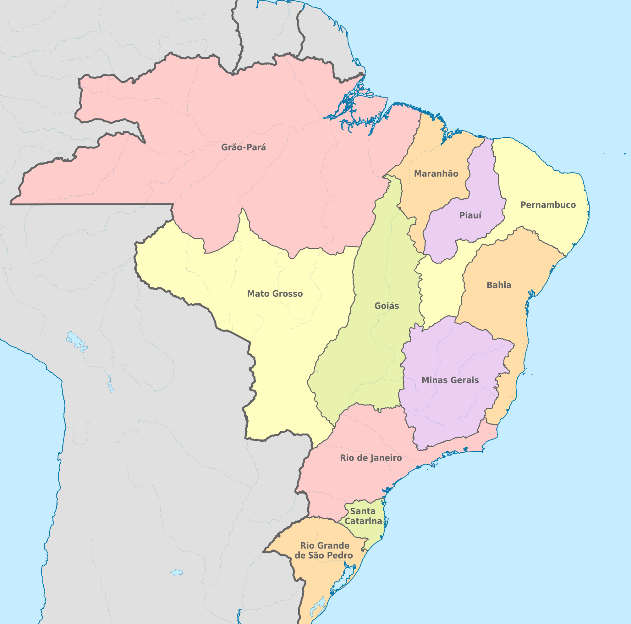 Mapa do Brasil colonial em 1750, mostrando a divisão territorial e as capitanias hereditárias durante o período de formação do país